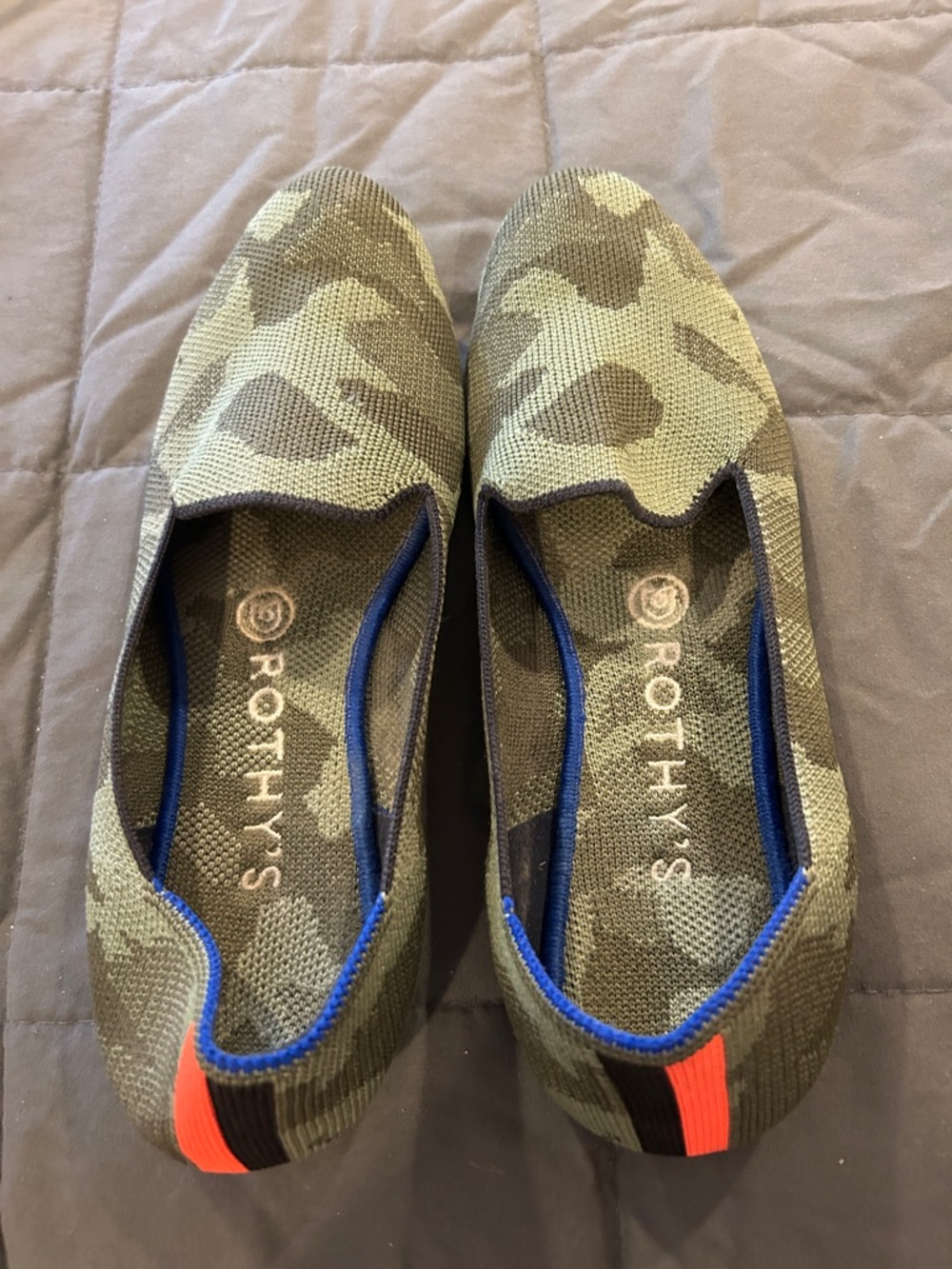 Rothy's Olive Camo Slip-On Flats with Blue Trim and Orange Heel Tab